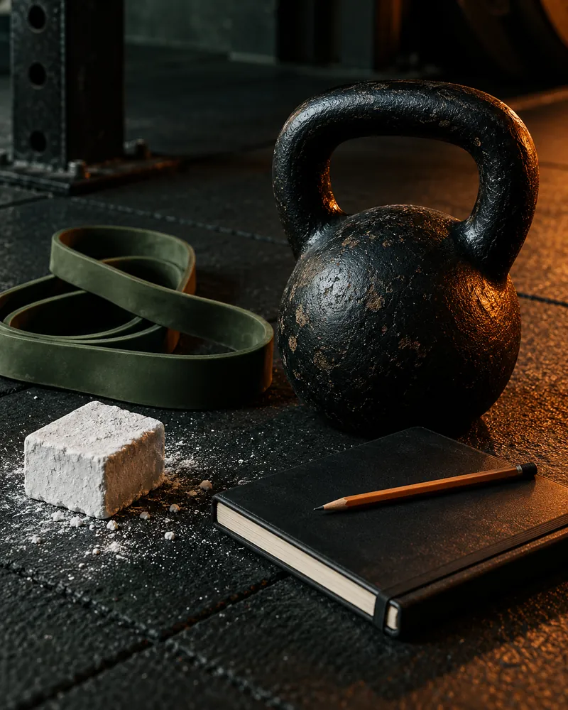 A kettlebell, a resistance band, a chalk block and a closed notebook on a gym floor
